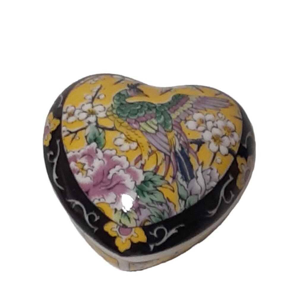 VTG Ornate Trinket Box Bird of Paradise Motif Hollywood CA Japan Made 2" Heart